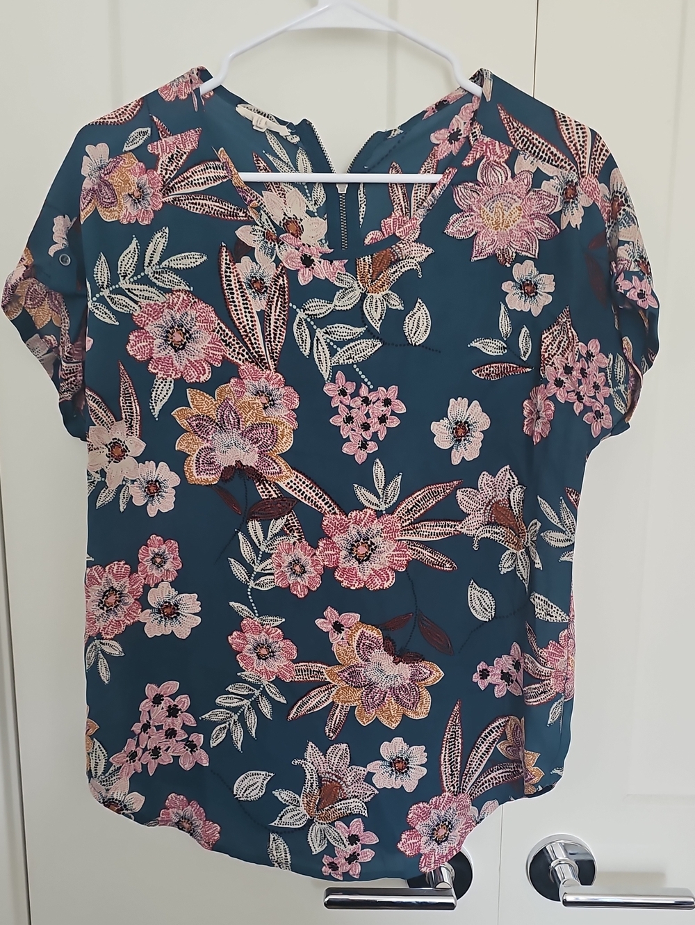 Maurices Floral Short Sleeve Blouse - Teal & Pink
